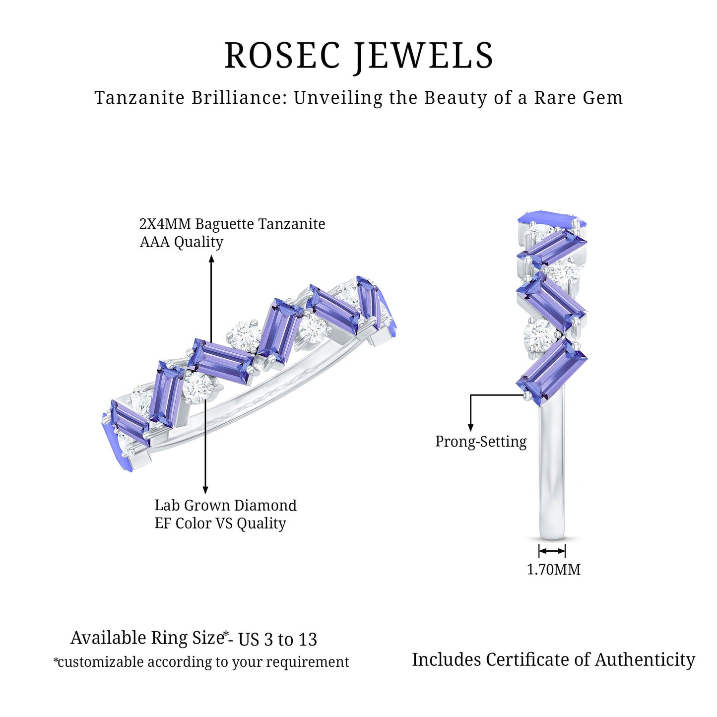 Baguette Cut Tanzanite and Diamond Half Eternity Stackable Ring