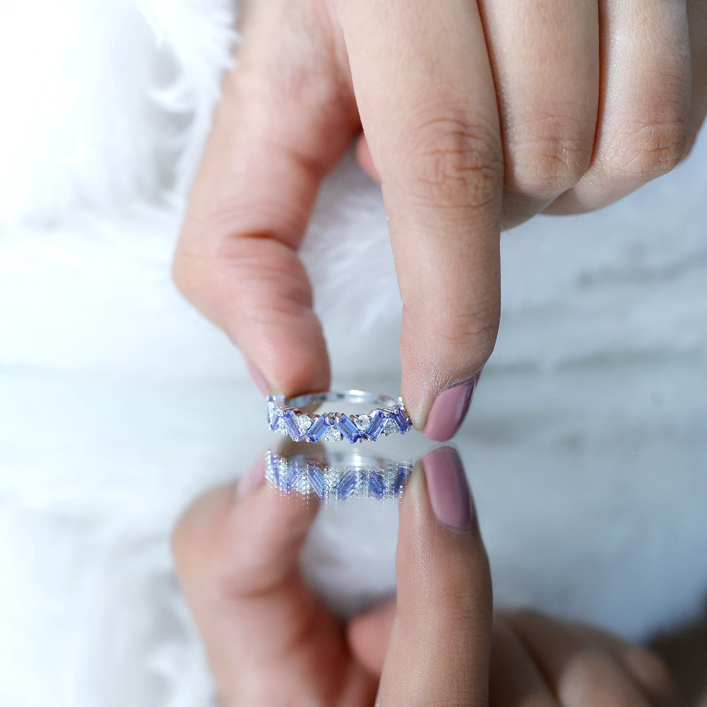 Baguette Cut Tanzanite and Diamond Half Eternity Stackable Ring