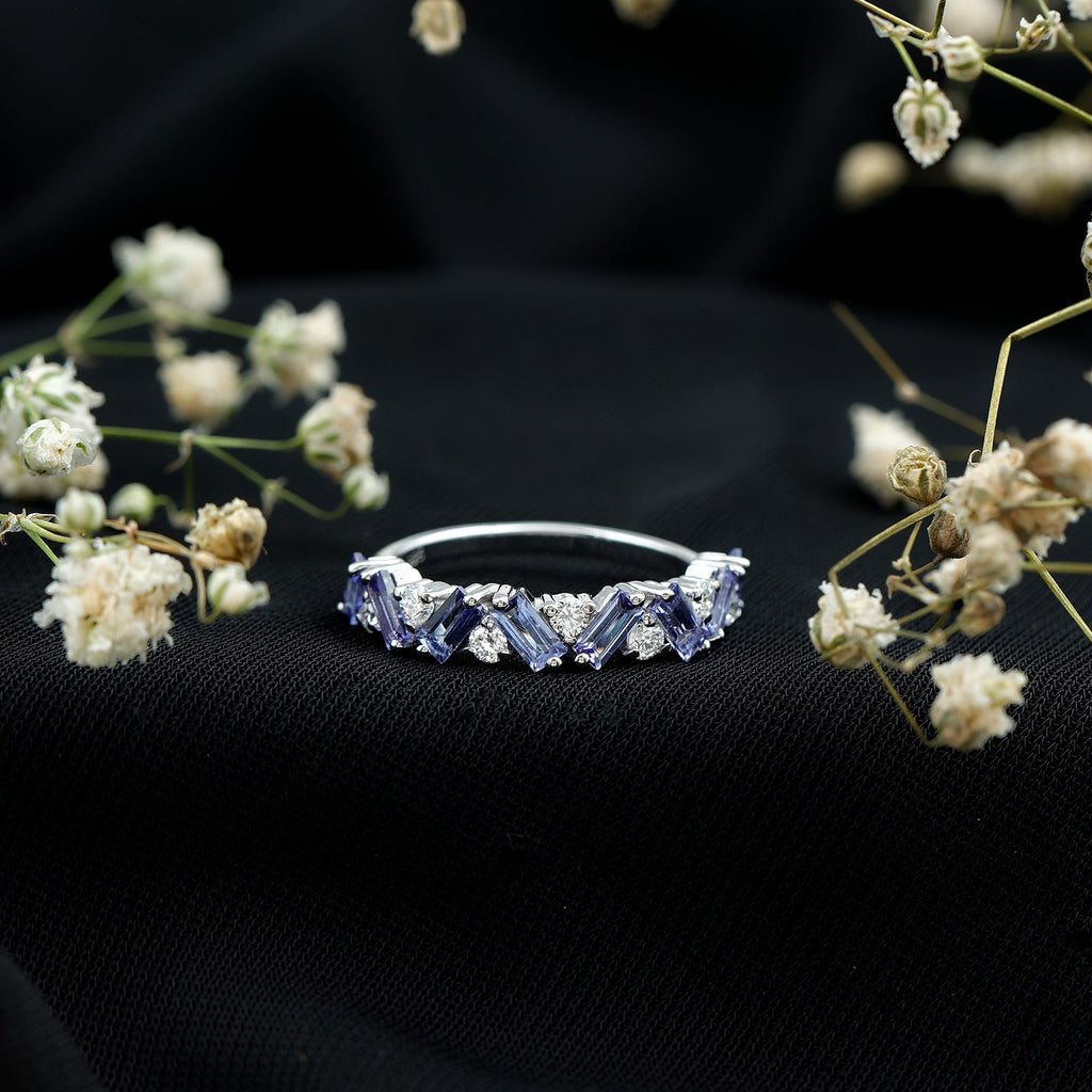 Baguette Cut Tanzanite and Diamond Half Eternity Stackable Ring