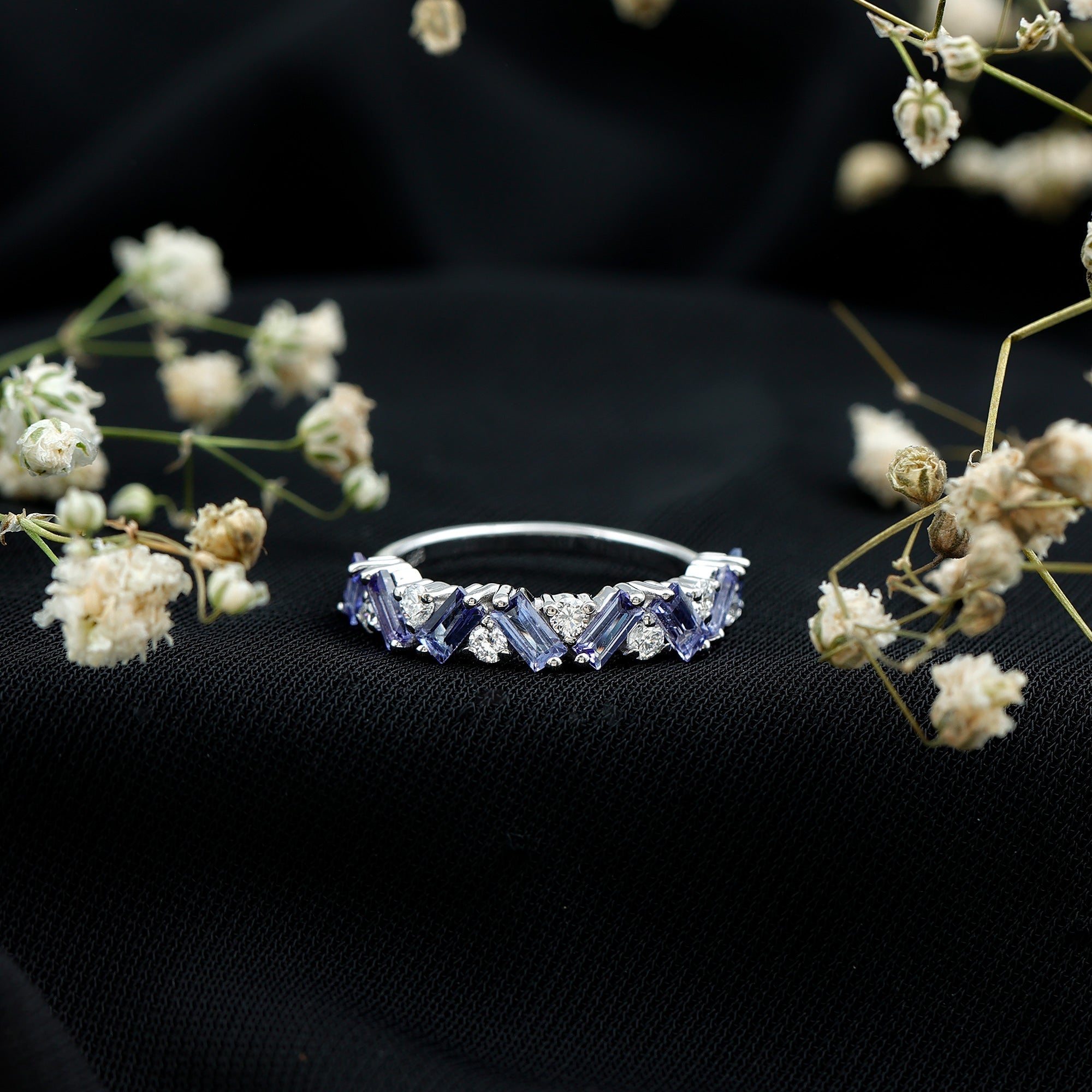 Baguette Cut Tanzanite and Diamond Half Eternity Stackable Ring