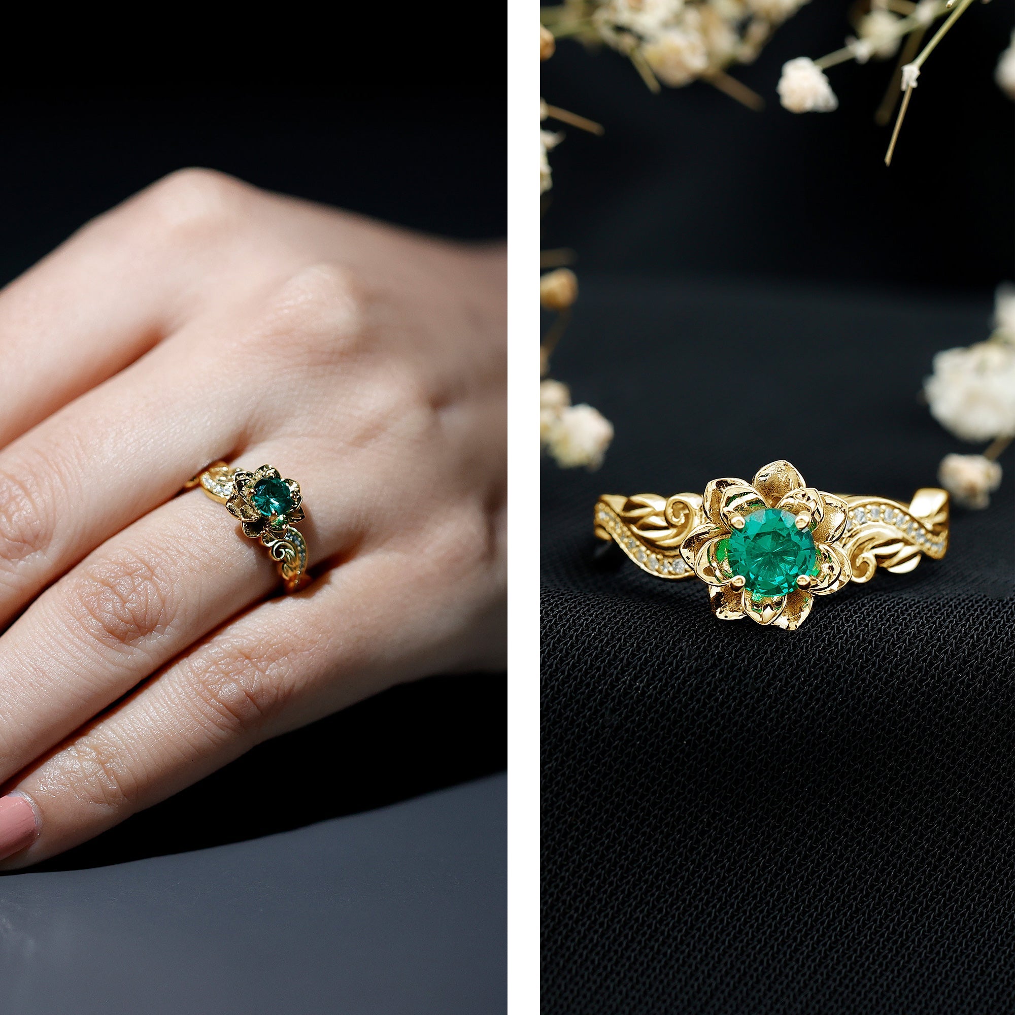 Lab Created Emerald and Diamond Flower Engagement Ring in Silver