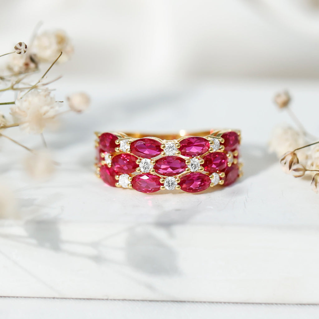 Lab Created Ruby and Diamond Wide Wedding Band in Silver