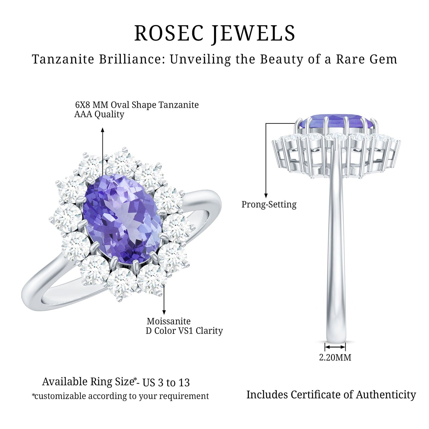 Genuine 6X8 MM Tanzanite Oval Engagement Ring