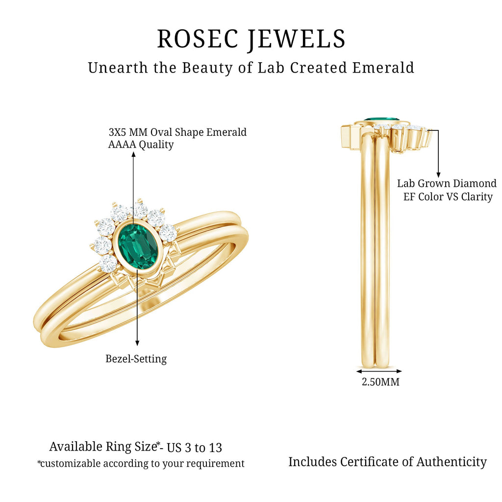 Oval Cut Lab Grown Emerald Wedding Ring Set with Diamond