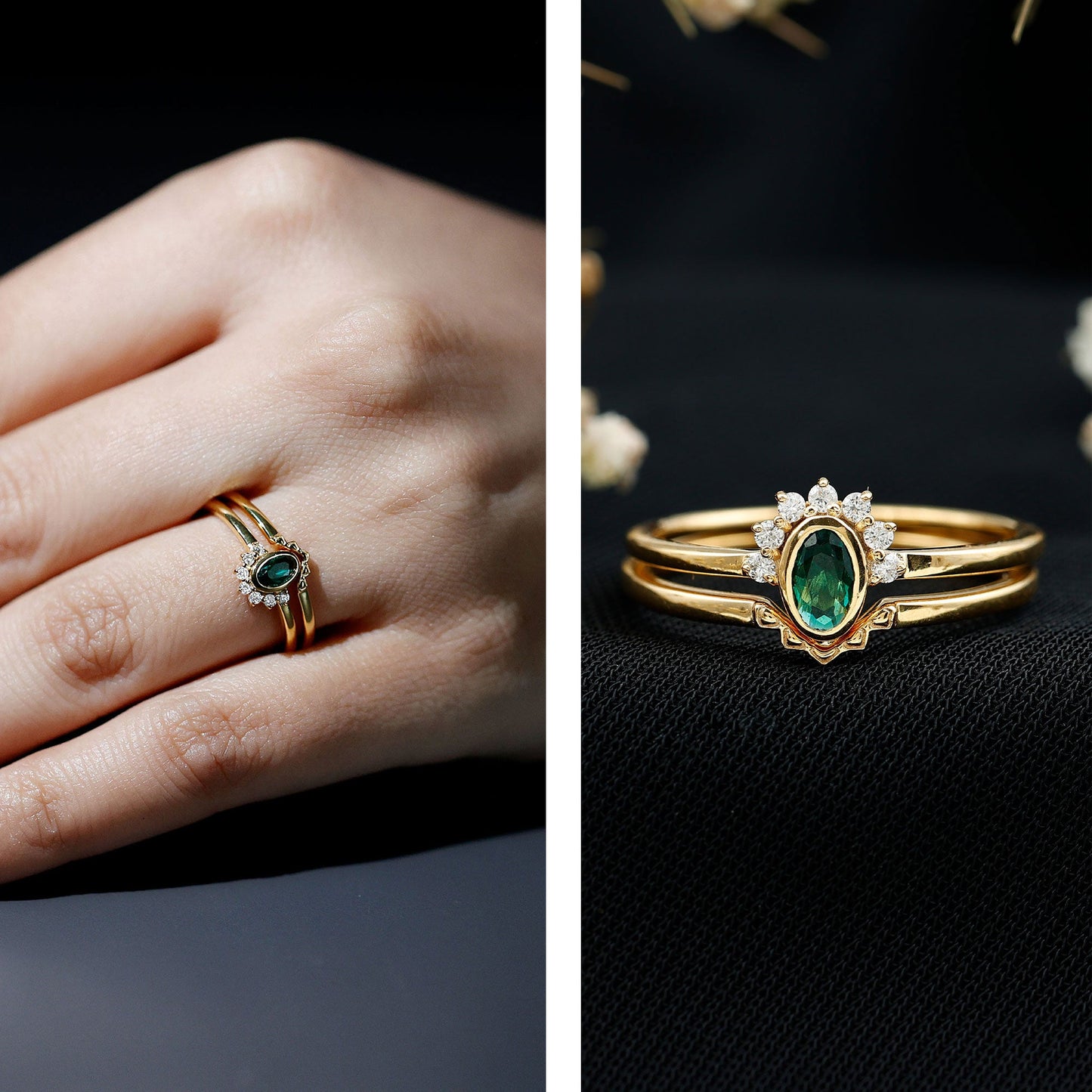 Oval Cut Lab Grown Emerald Wedding Ring Set with Diamond