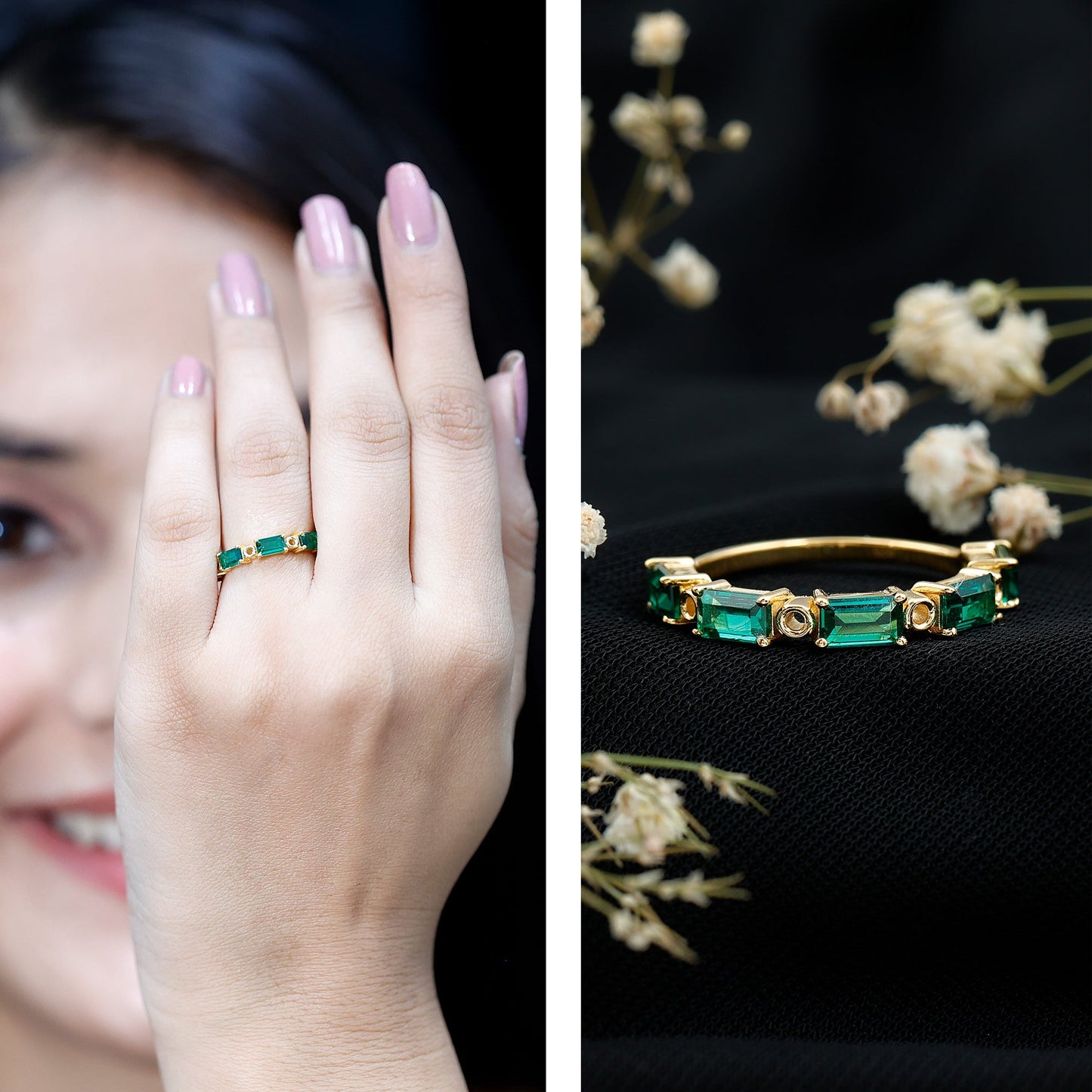 Baguette Cut Lab Created Emerald Eternity Wedding Band