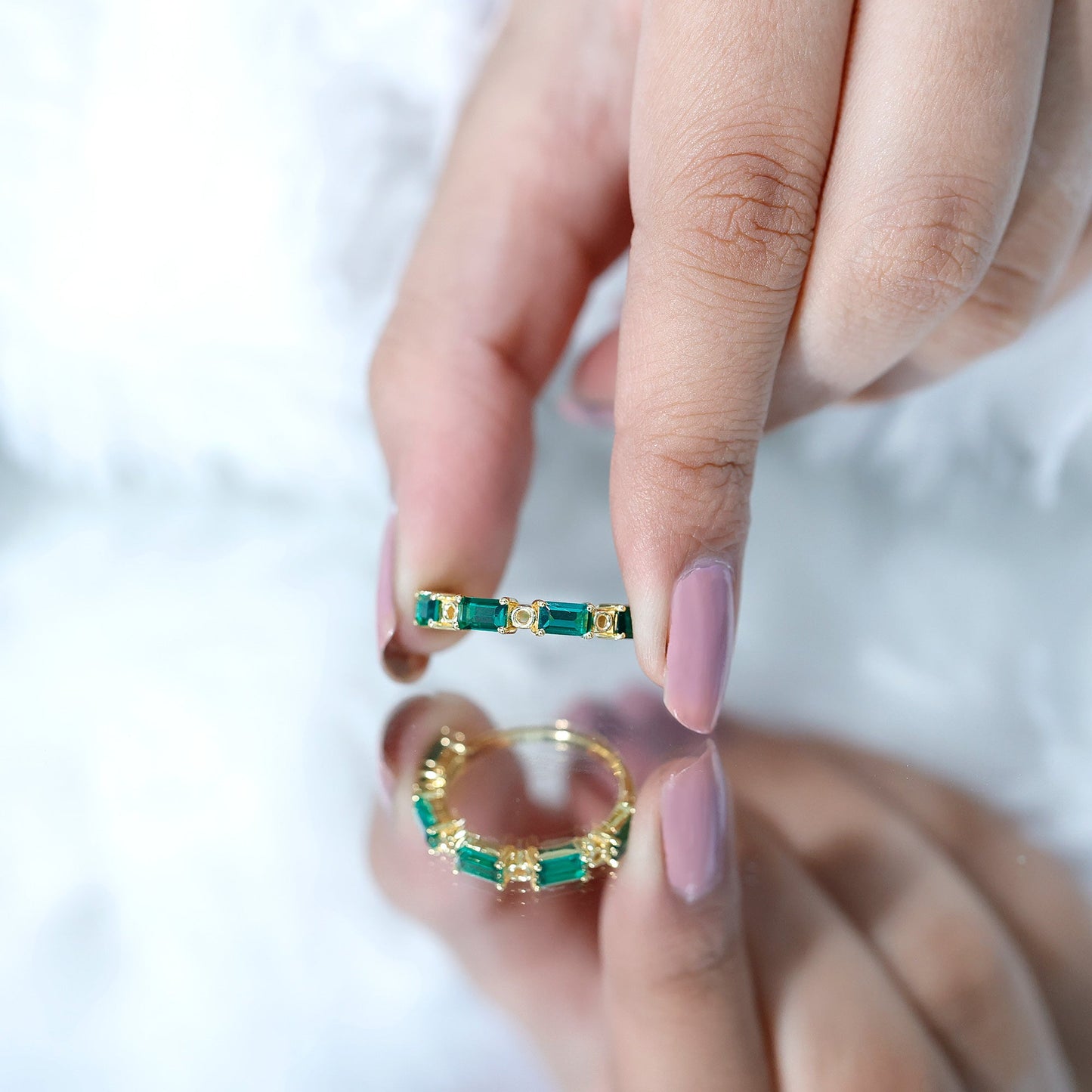 Baguette Cut Lab Created Emerald Eternity Wedding Band