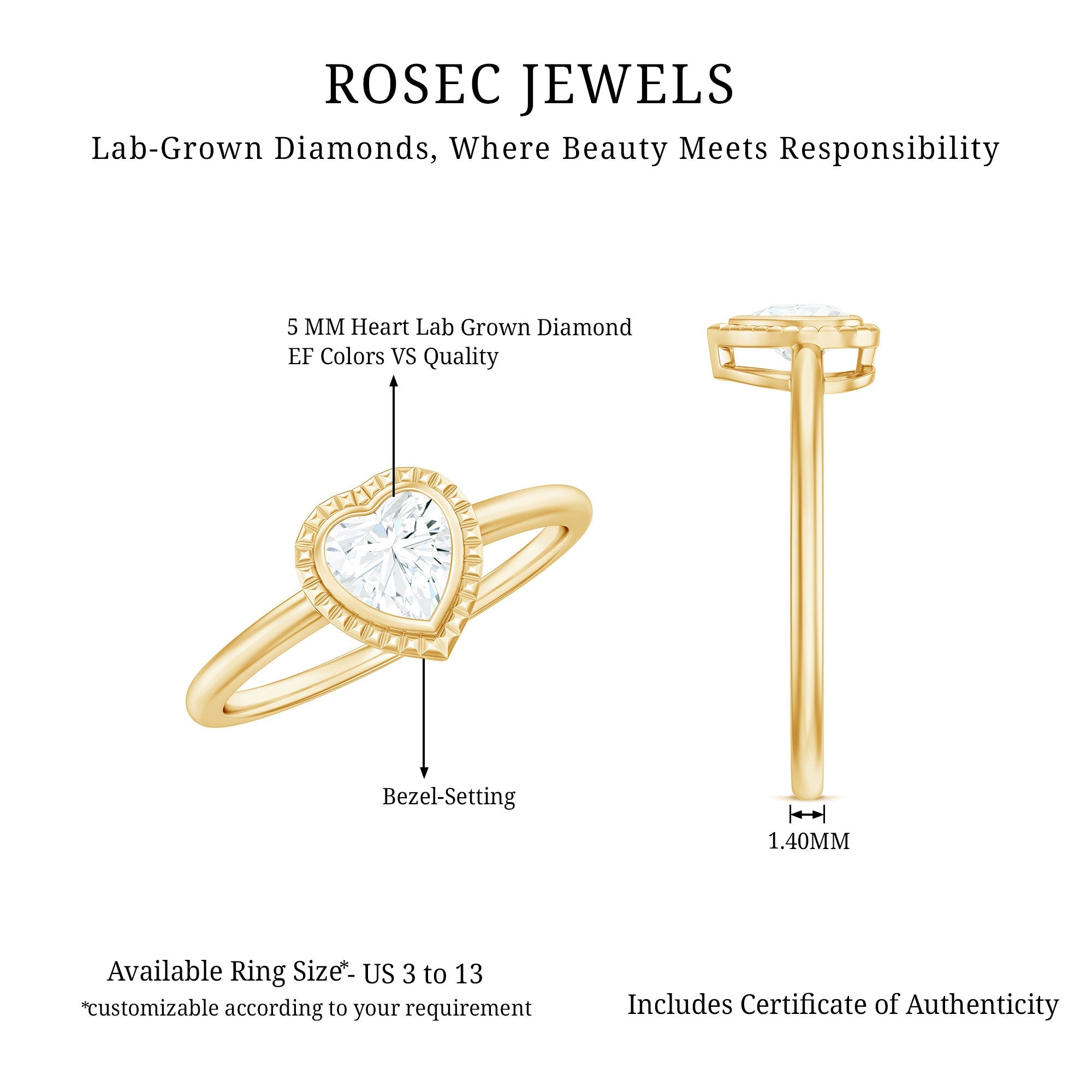 Lab Grown Diamond Heart Solitaire Ring with Engraved Details