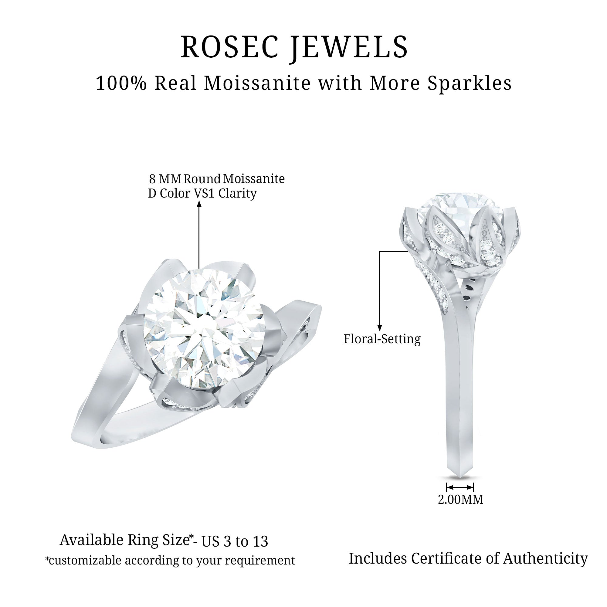 2 CT Moissanite Floral Engagement Ring in Bypass Shank