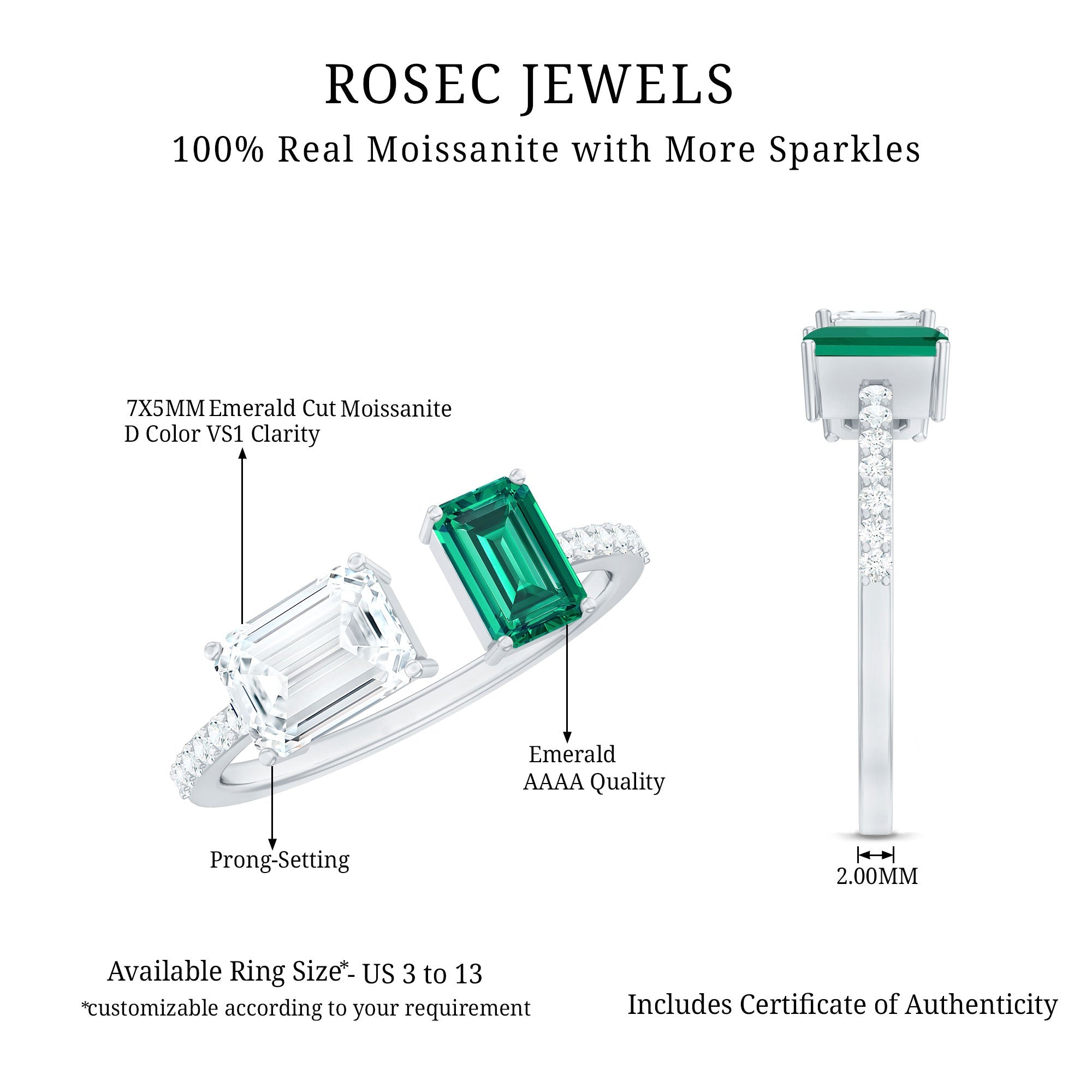 Certified Moissanite and Lab Grown Emerald Toi Et Moi Engagement Ring