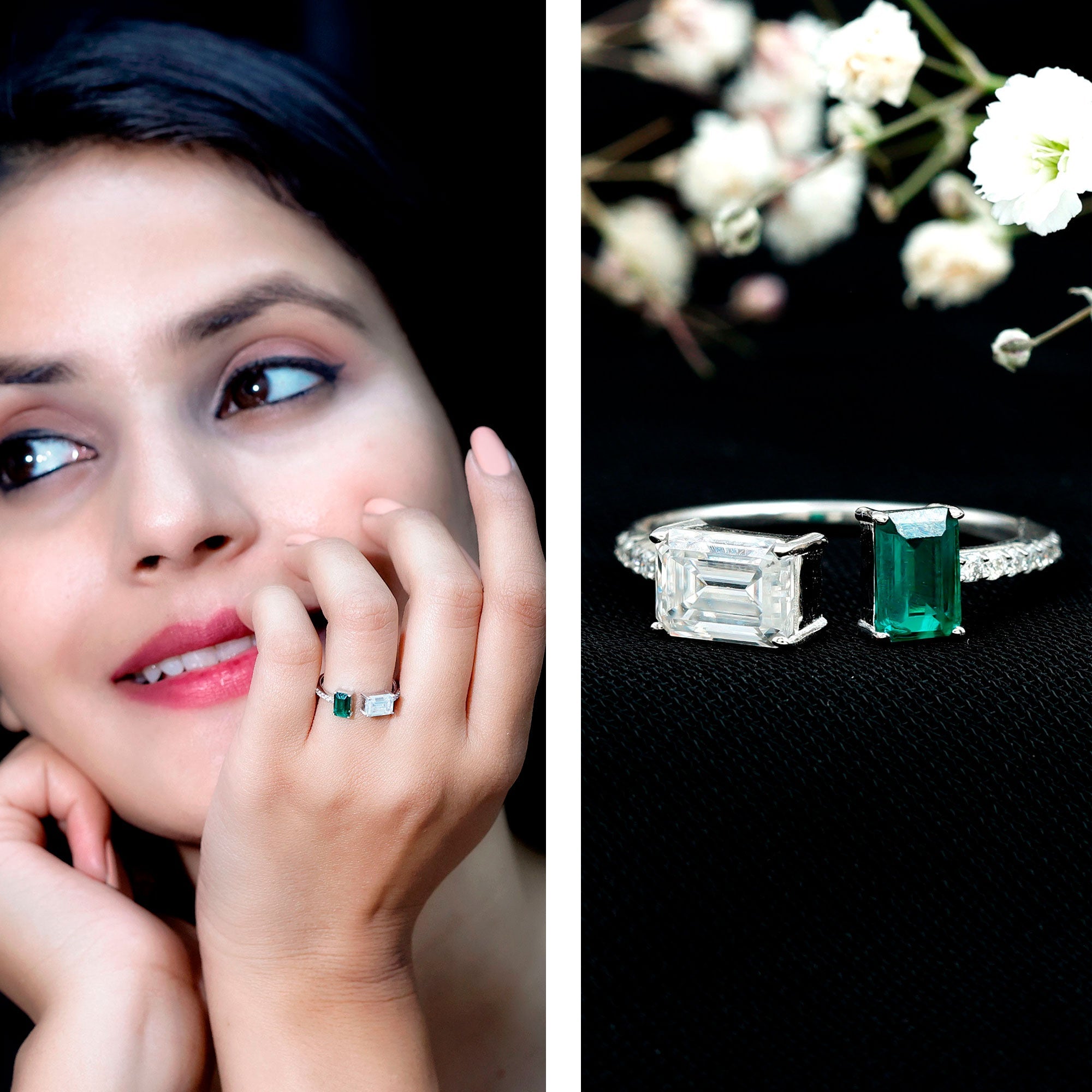 Certified Moissanite and Lab Grown Emerald Toi Et Moi Engagement Ring