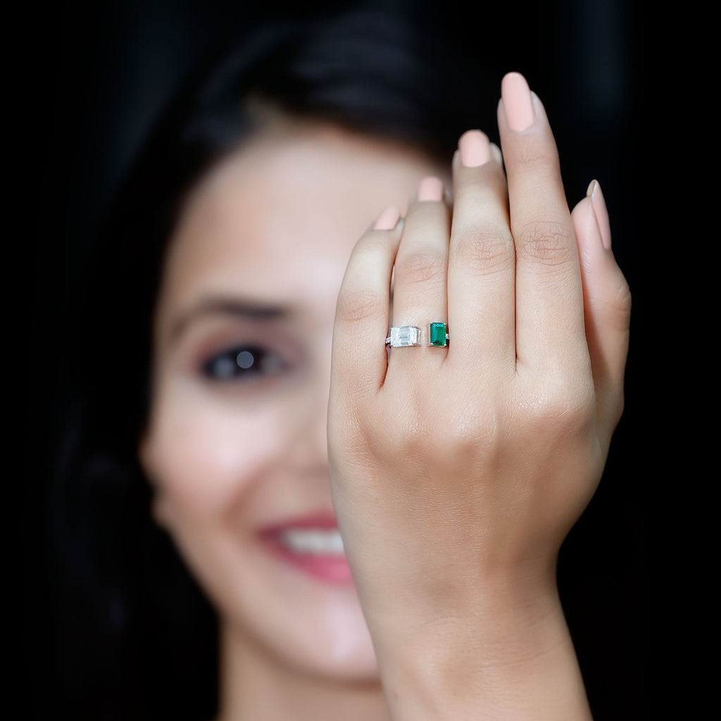 Certified Moissanite and Lab Grown Emerald Toi Et Moi Engagement Ring