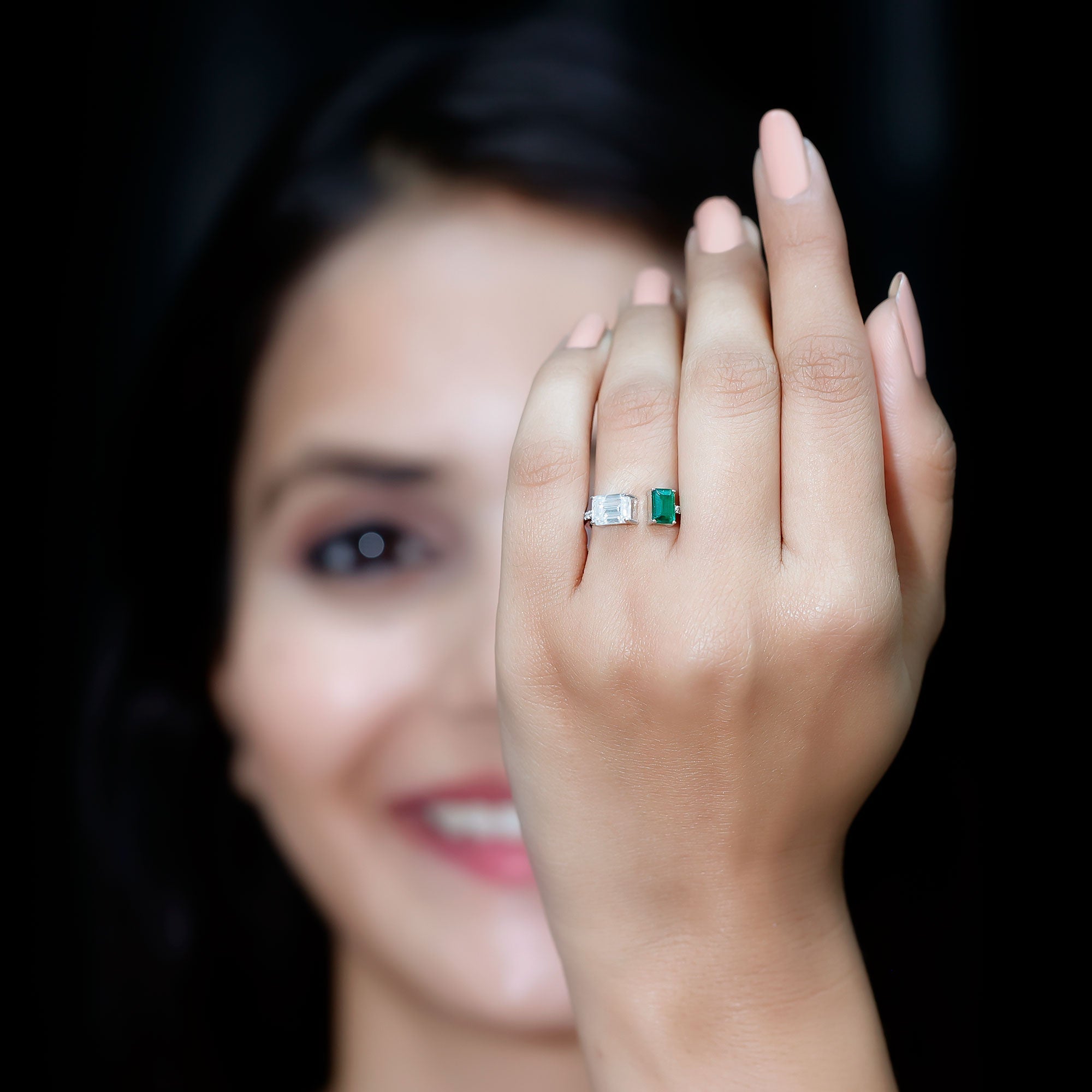 Certified Moissanite and Lab Grown Emerald Toi Et Moi Engagement Ring