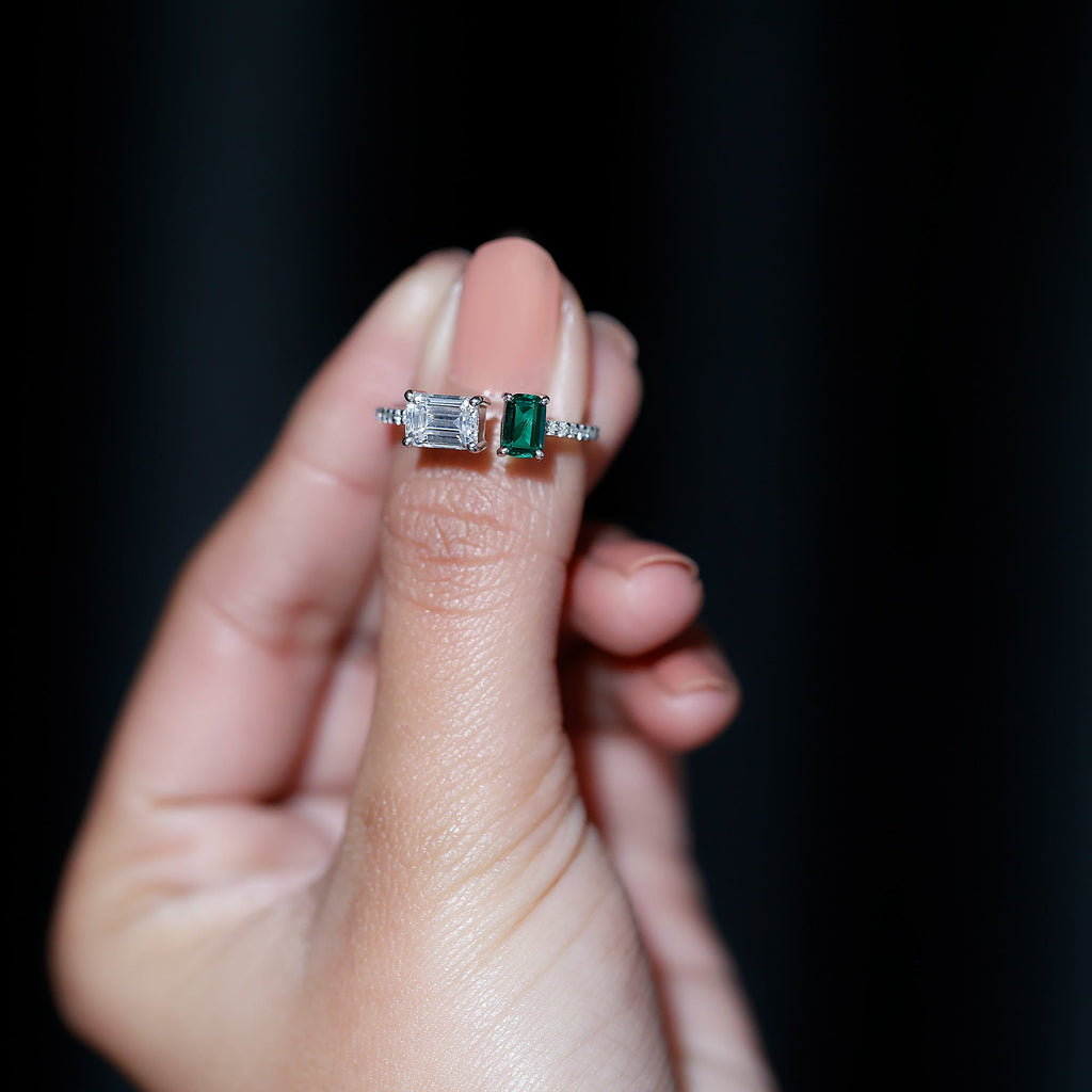 Certified Moissanite and Lab Grown Emerald Toi Et Moi Engagement Ring