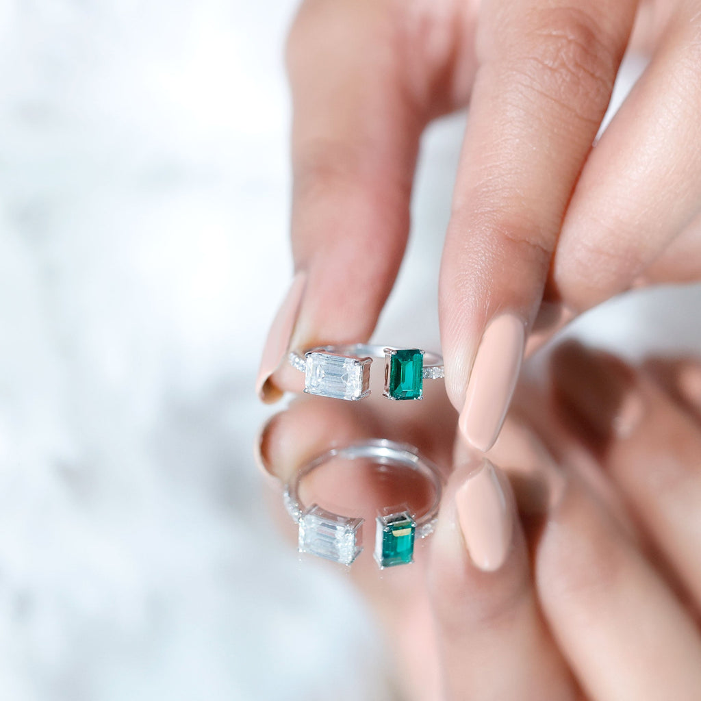 Certified Moissanite and Lab Grown Emerald Toi Et Moi Engagement Ring