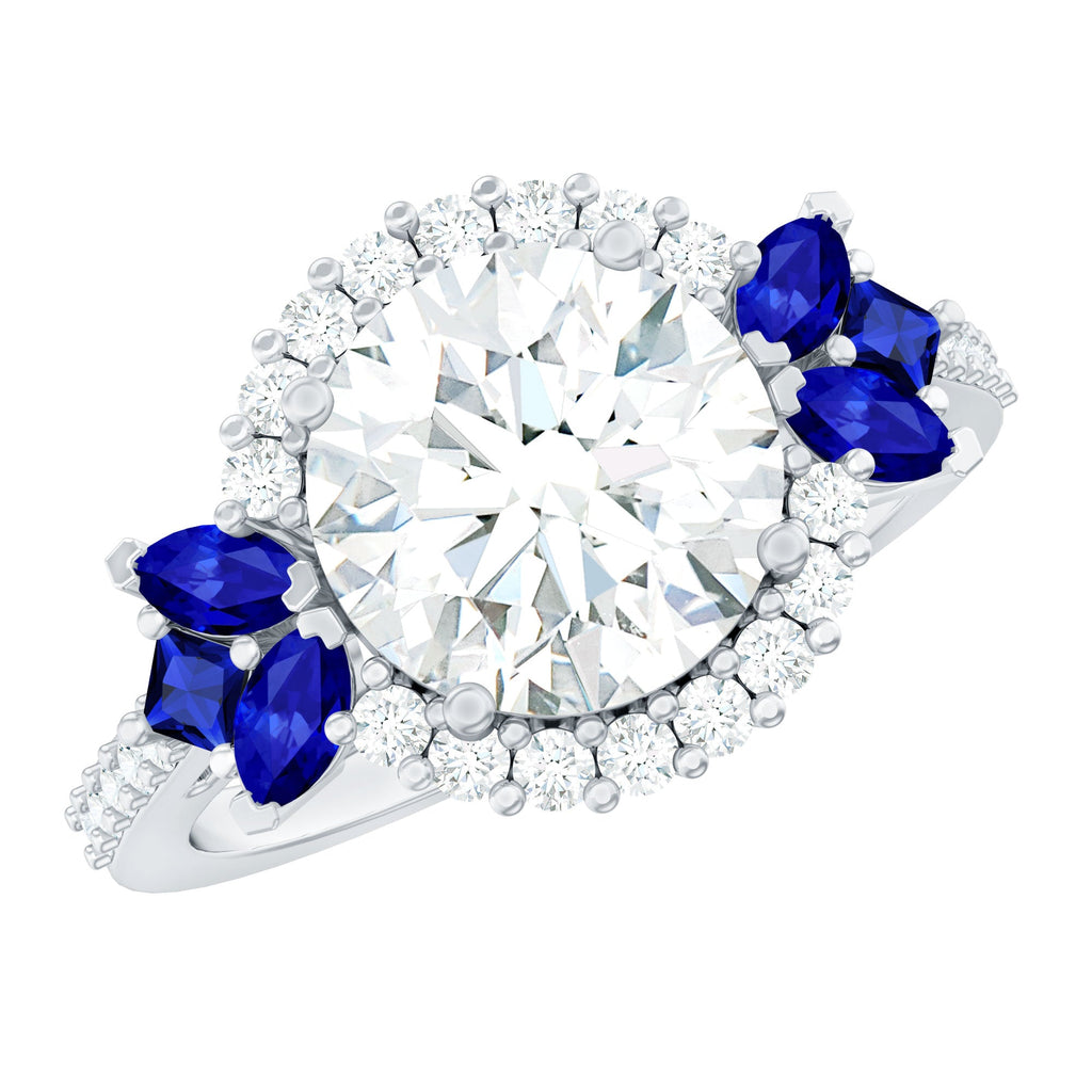 Moissanite Statement Engagement Ring with Lab Grown Blue Sapphire