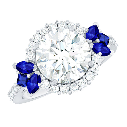 Moissanite Statement Engagement Ring with Lab Grown Blue Sapphire