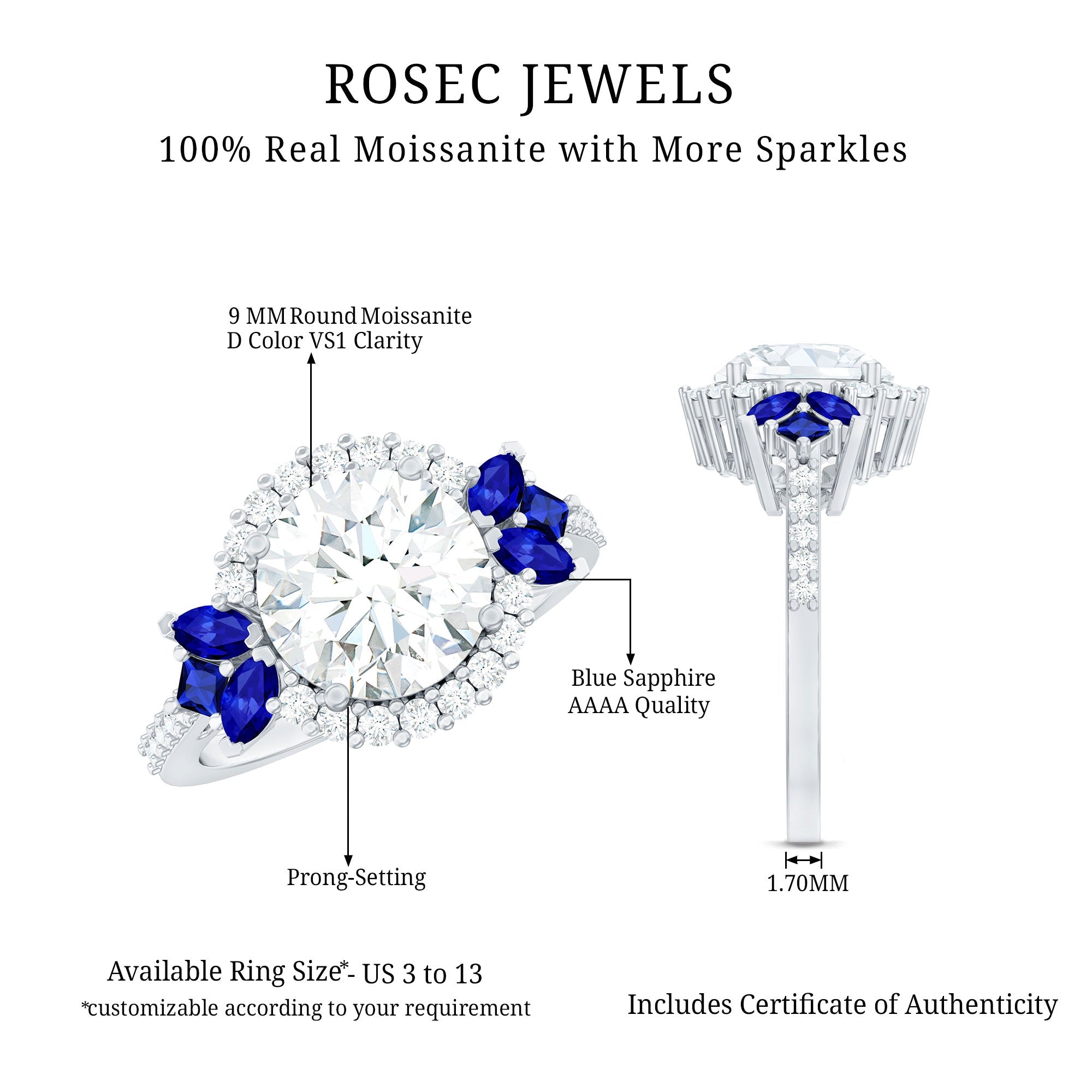 Moissanite Statement Engagement Ring with Lab Grown Blue Sapphire