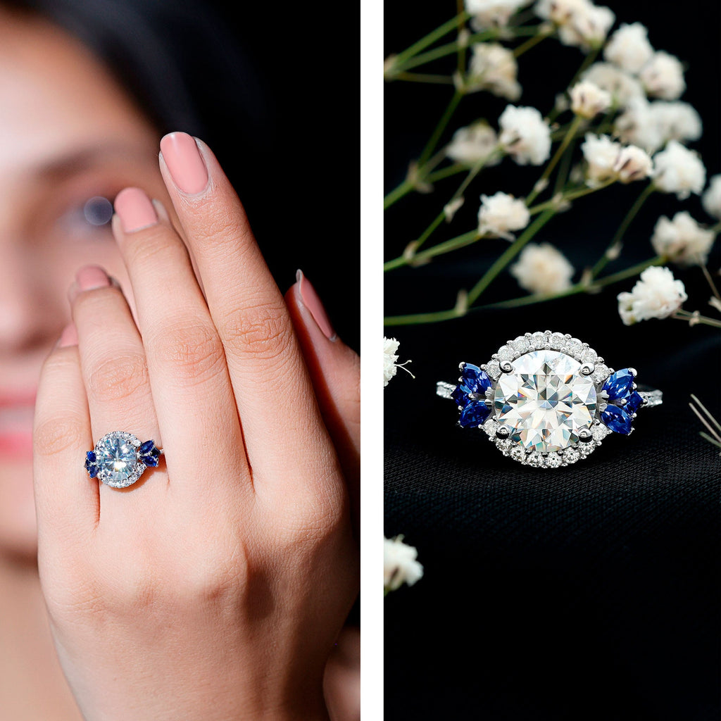 Moissanite Statement Engagement Ring with Lab Grown Blue Sapphire