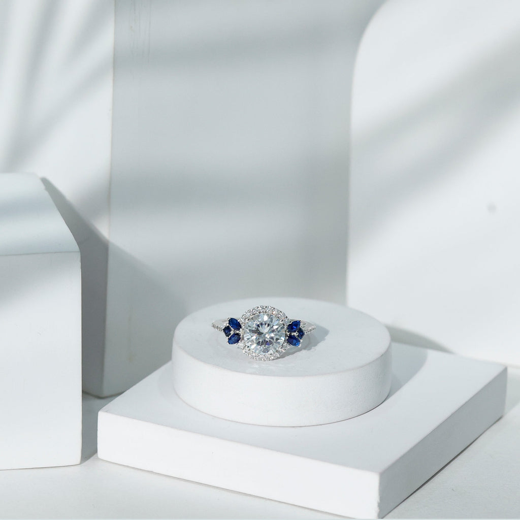 Moissanite Statement Engagement Ring with Lab Grown Blue Sapphire
