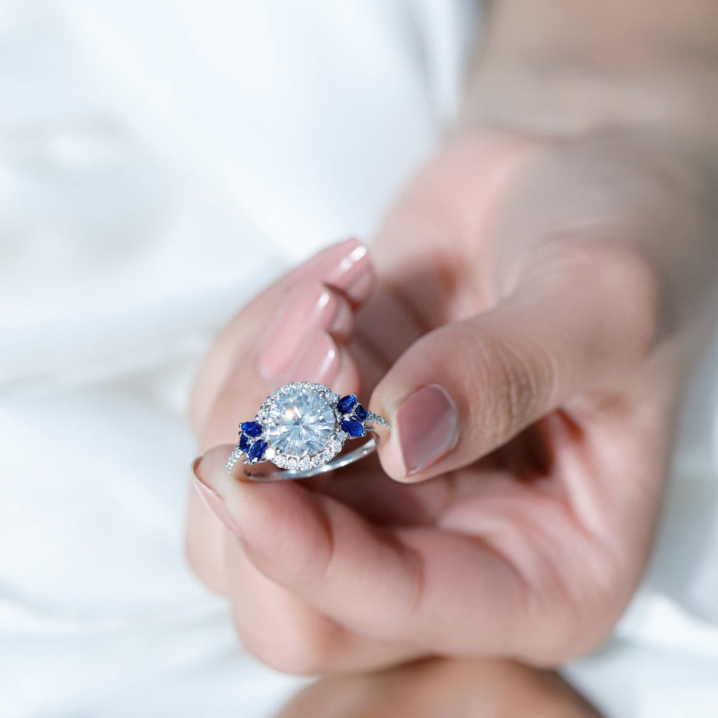 Moissanite Statement Engagement Ring with Lab Grown Blue Sapphire