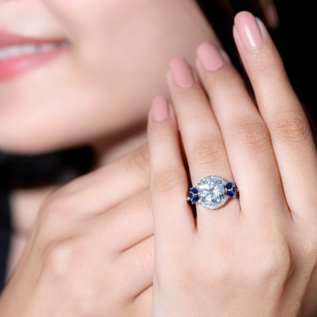 Moissanite Statement Engagement Ring with Lab Grown Blue Sapphire