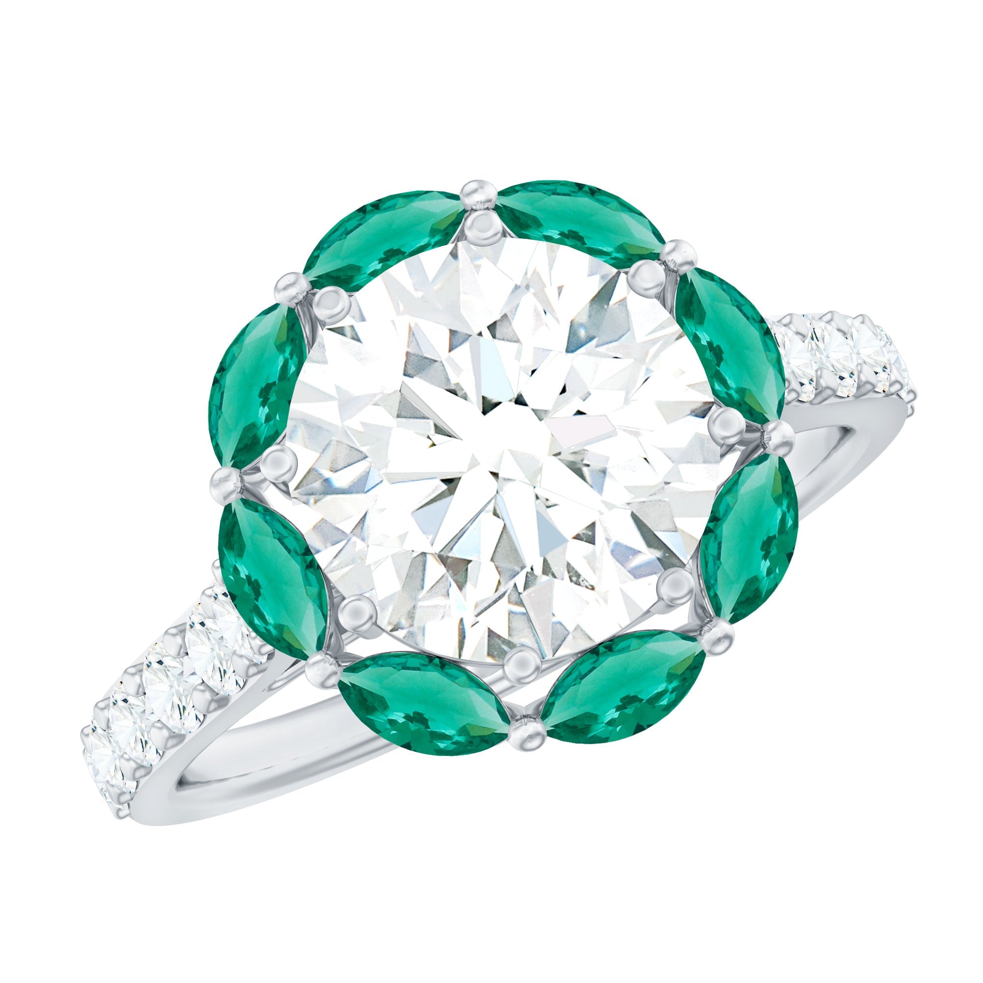 Certified Moissanite and Lab Emerald Designer Engagement Ring