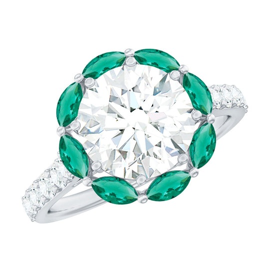 Certified Moissanite and Lab Emerald Designer Engagement Ring
