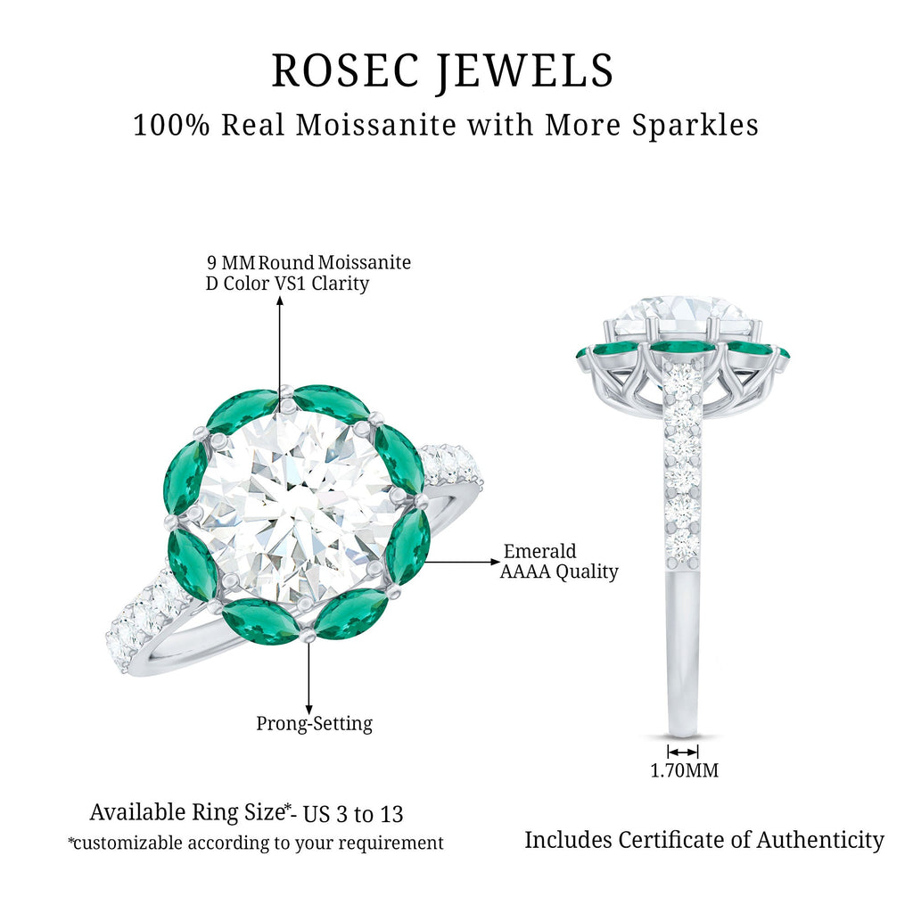 Certified Moissanite and Lab Emerald Designer Engagement Ring