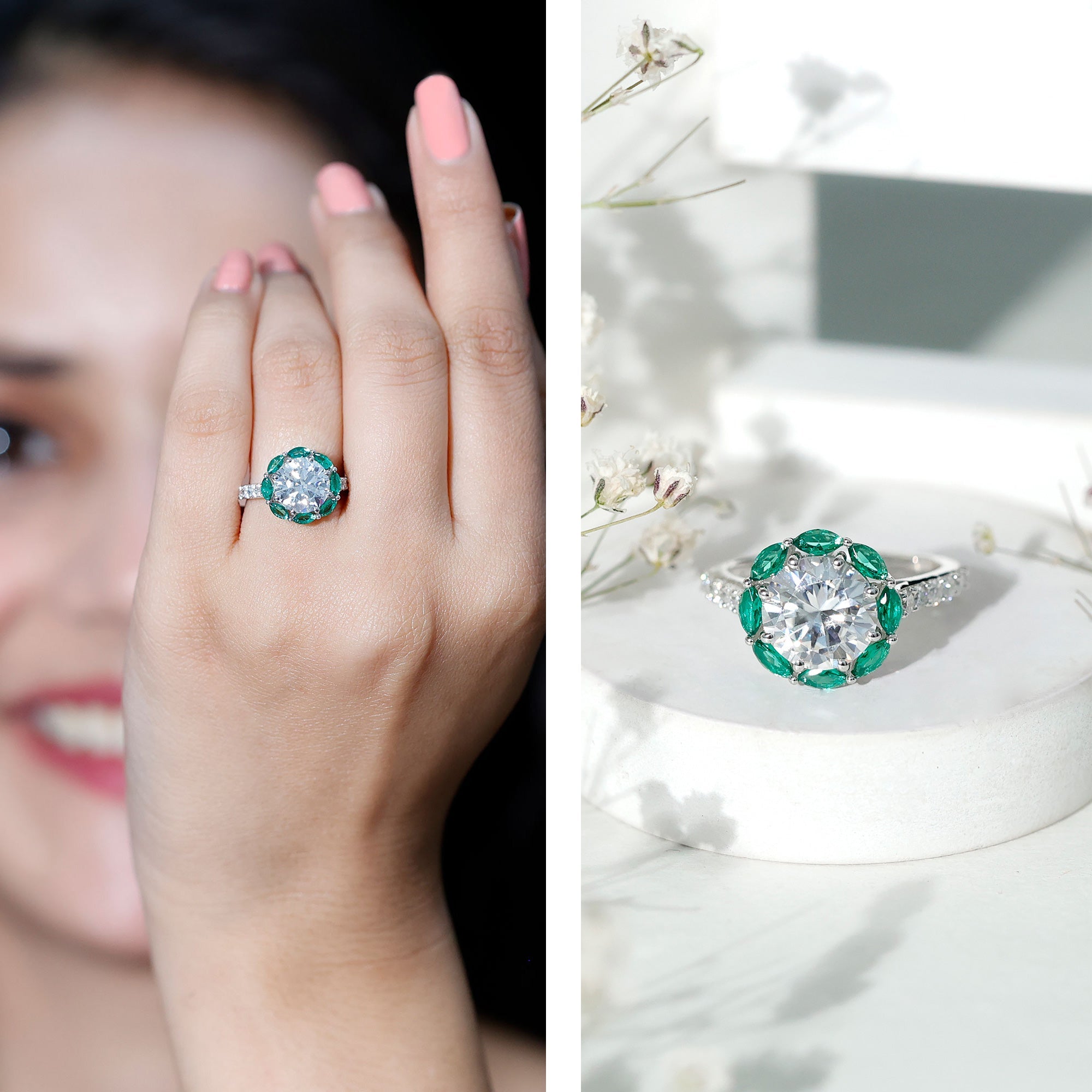 Certified Moissanite and Lab Emerald Designer Engagement Ring