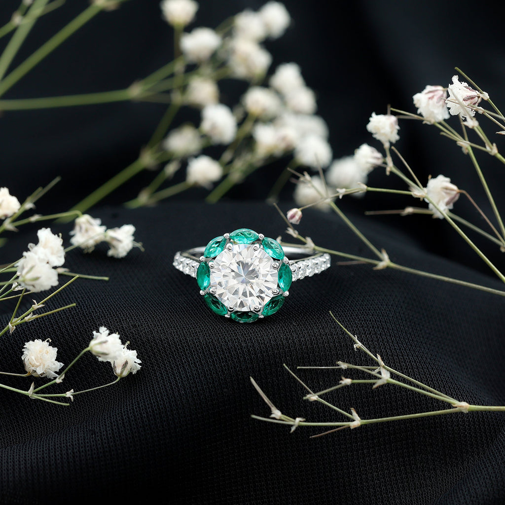 Certified Moissanite and Lab Emerald Designer Engagement Ring