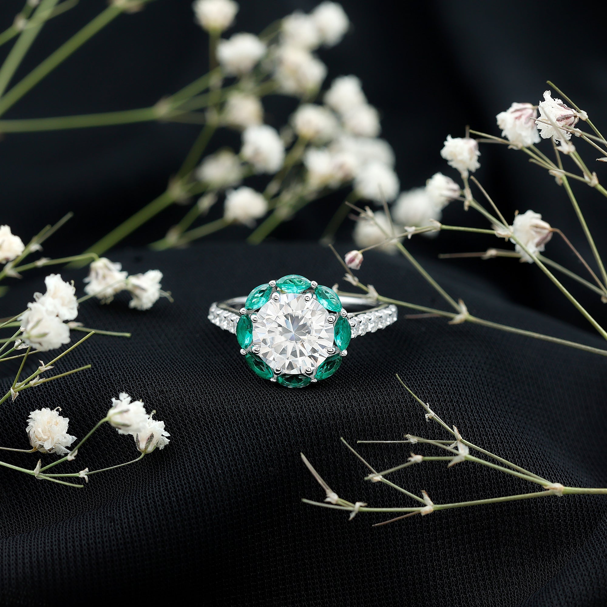 Certified Moissanite and Lab Emerald Designer Engagement Ring