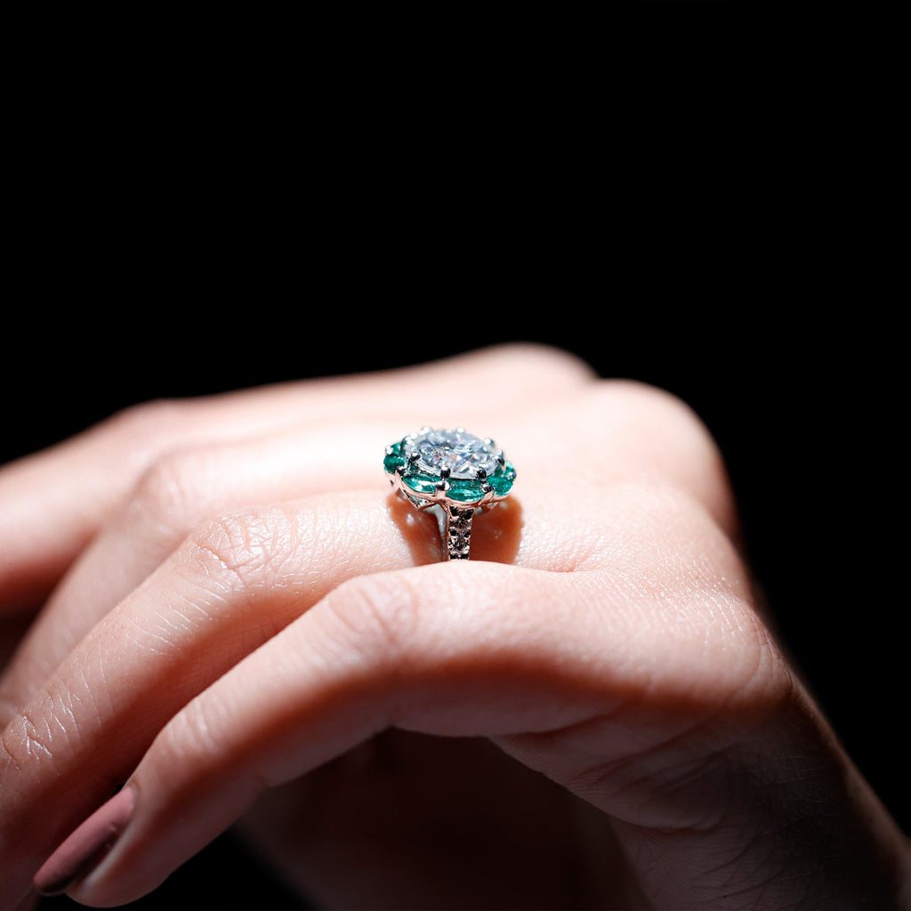 Certified Moissanite and Lab Emerald Designer Engagement Ring