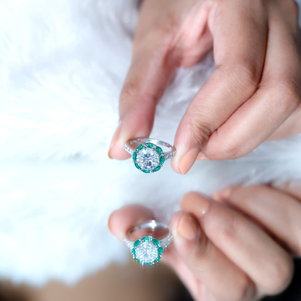 Certified Moissanite and Lab Emerald Designer Engagement Ring