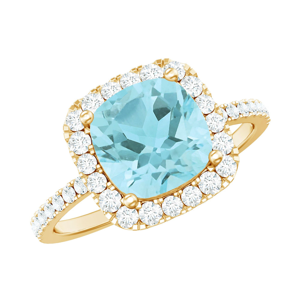 Cushion Cut Sky Blue Topaz and Diamond Halo Engagement Ring