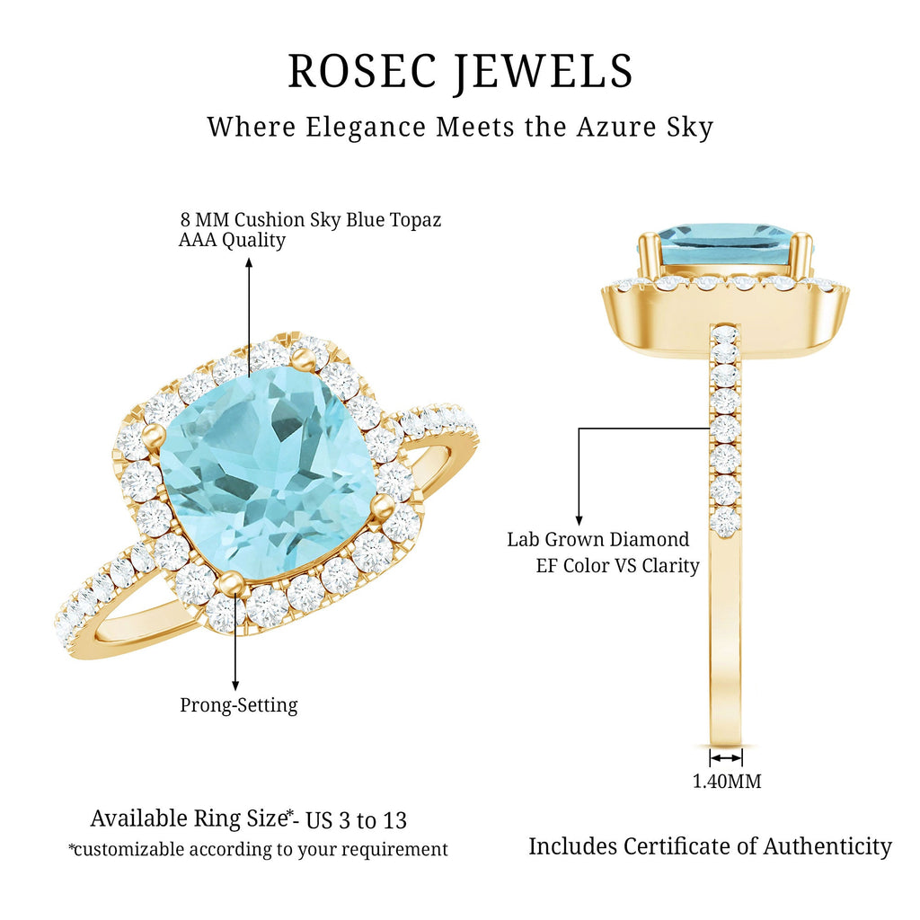 Cushion Cut Sky Blue Topaz and Diamond Halo Engagement Ring