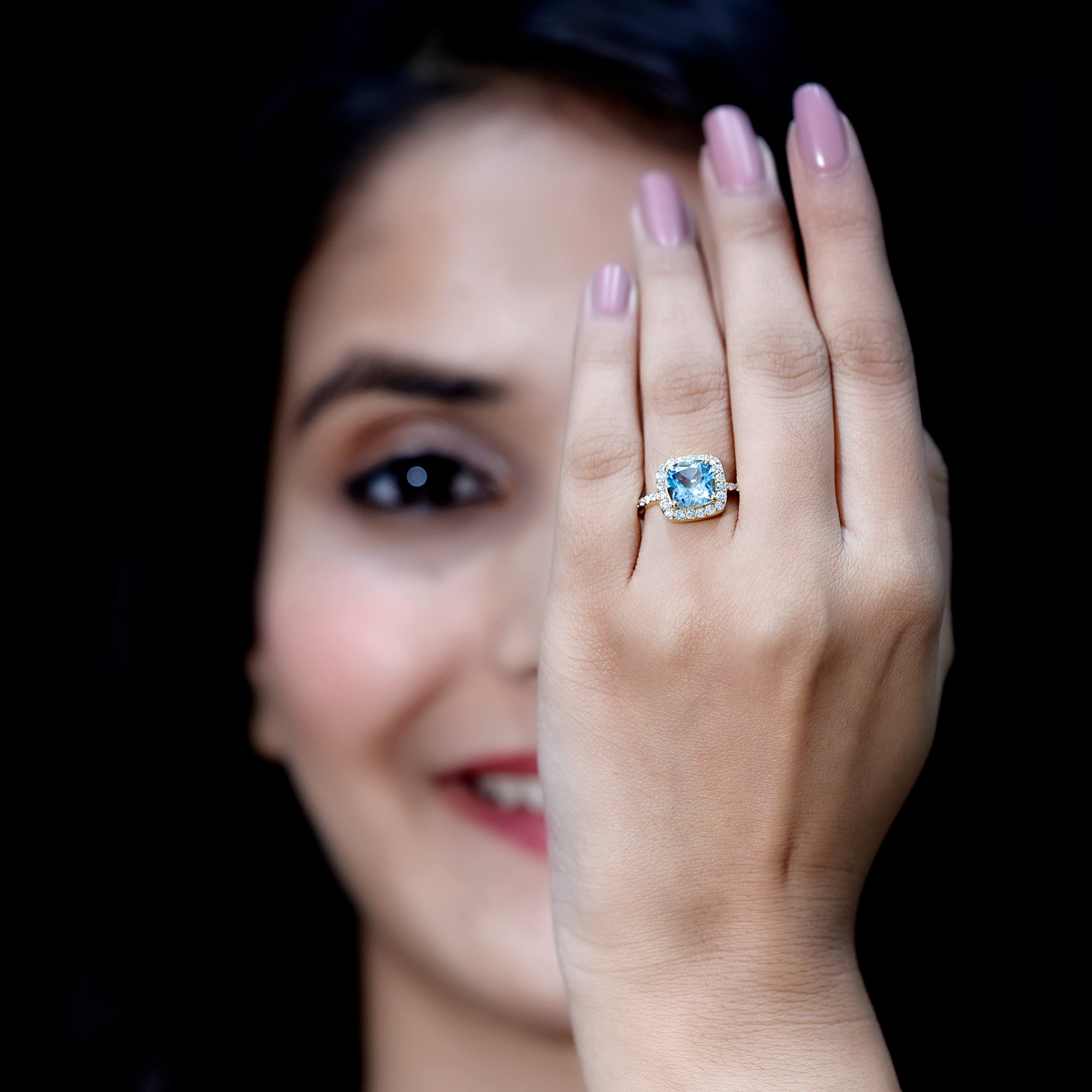 Cushion Cut Sky Blue Topaz and Diamond Halo Engagement Ring