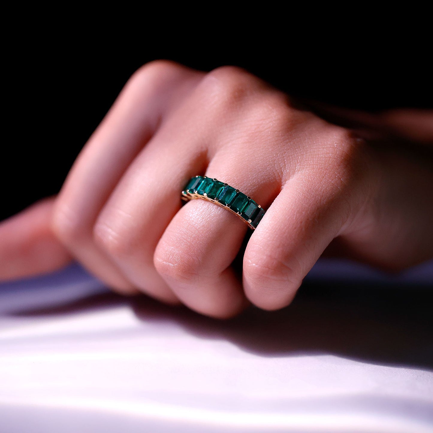 Emerald Cut Lab Created Emerald Eternity Wedding Band