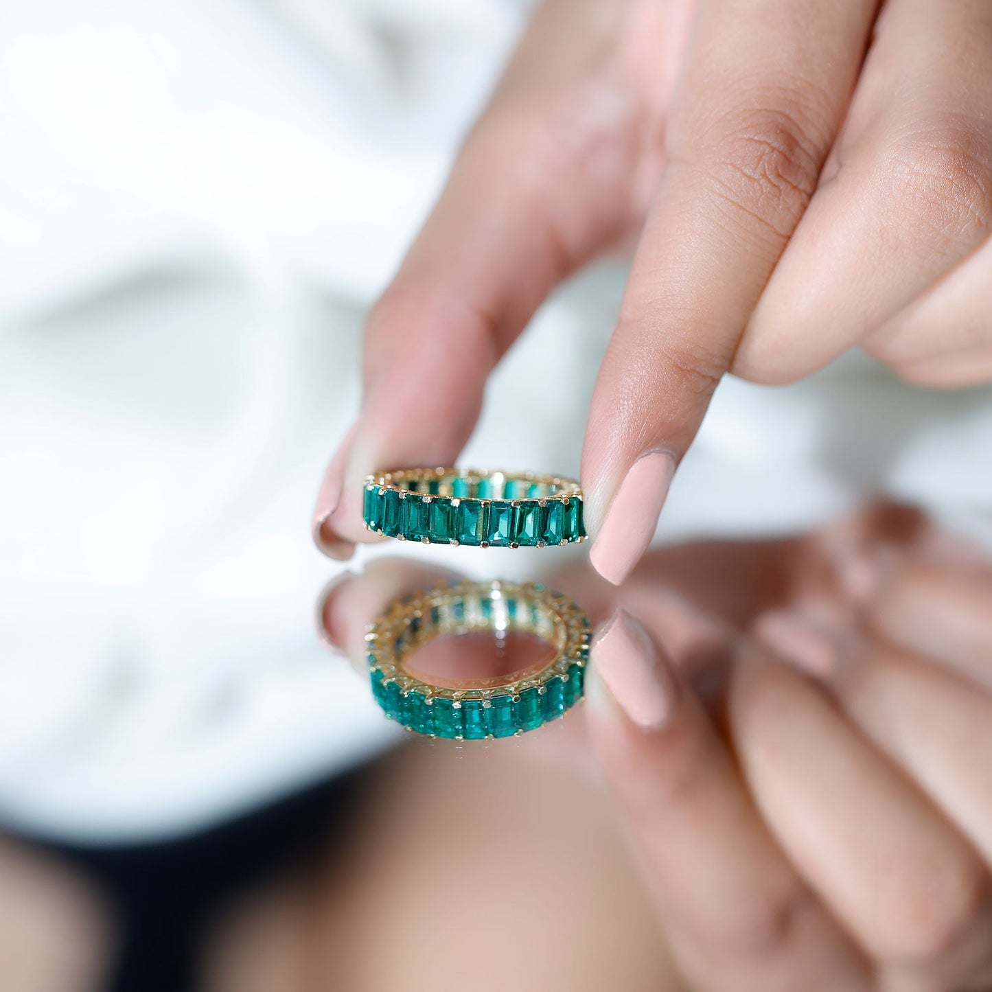 Emerald Cut Lab Created Emerald Eternity Wedding Band
