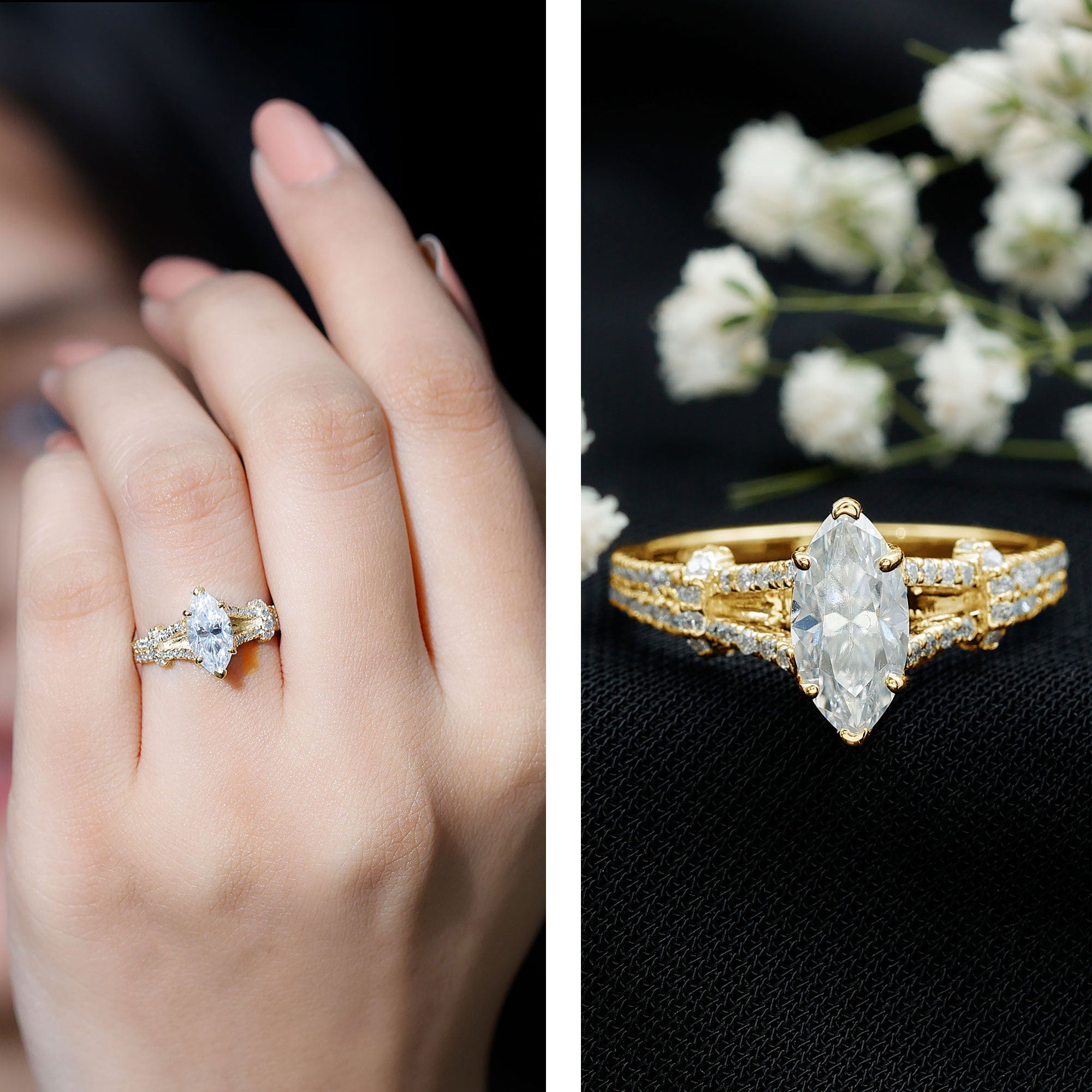 Certified Moissanite Marquise Engagement Ring with Split Shank