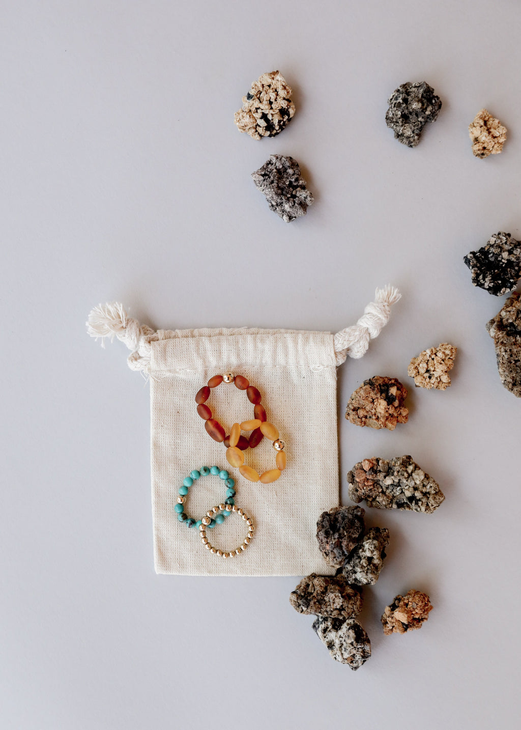 Raw Cognac Baltic Amber + 14K Gold Filled Beaded Ring Stack