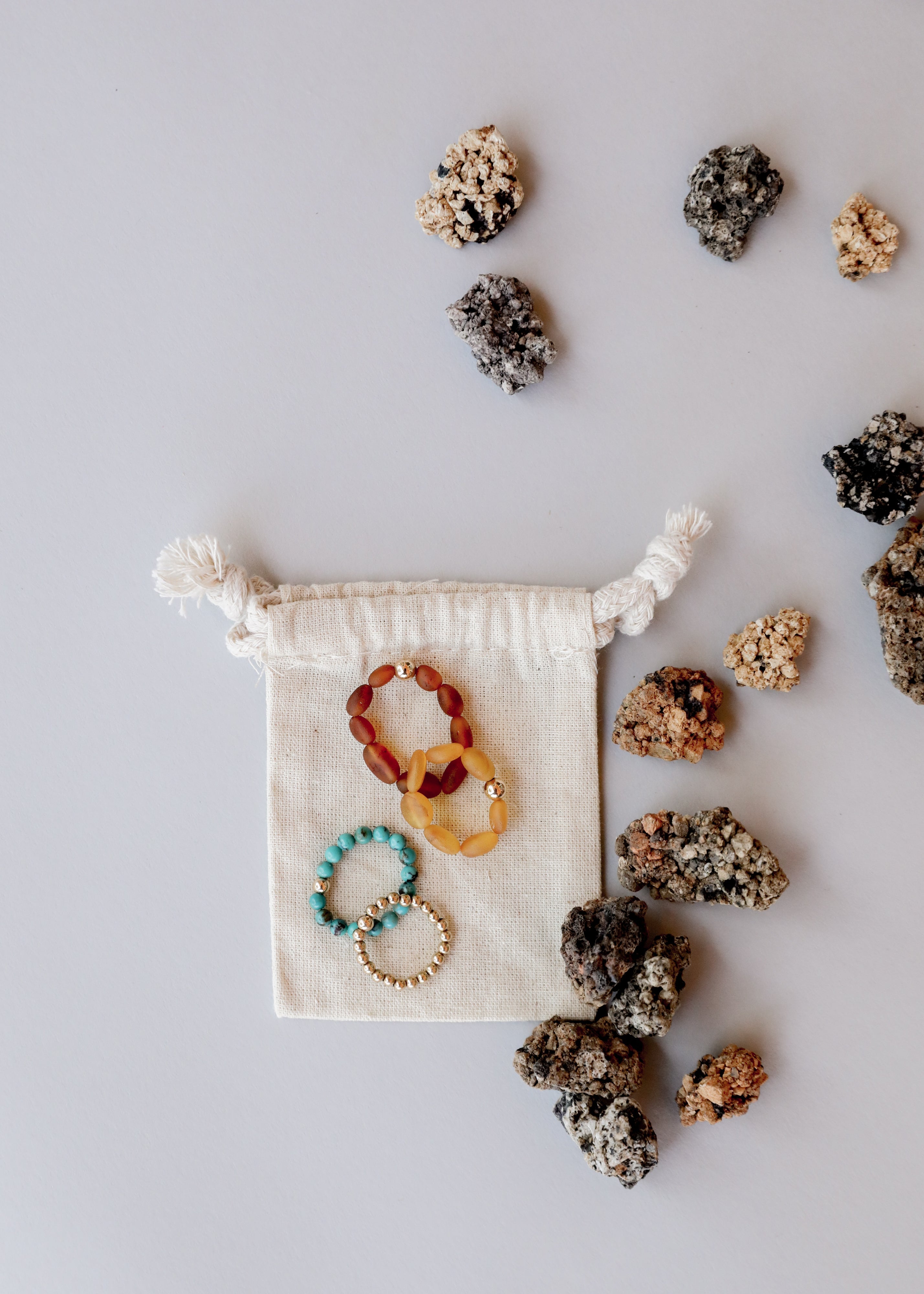 Raw Cognac Baltic Amber + 14K Gold Filled Beaded Ring Stack