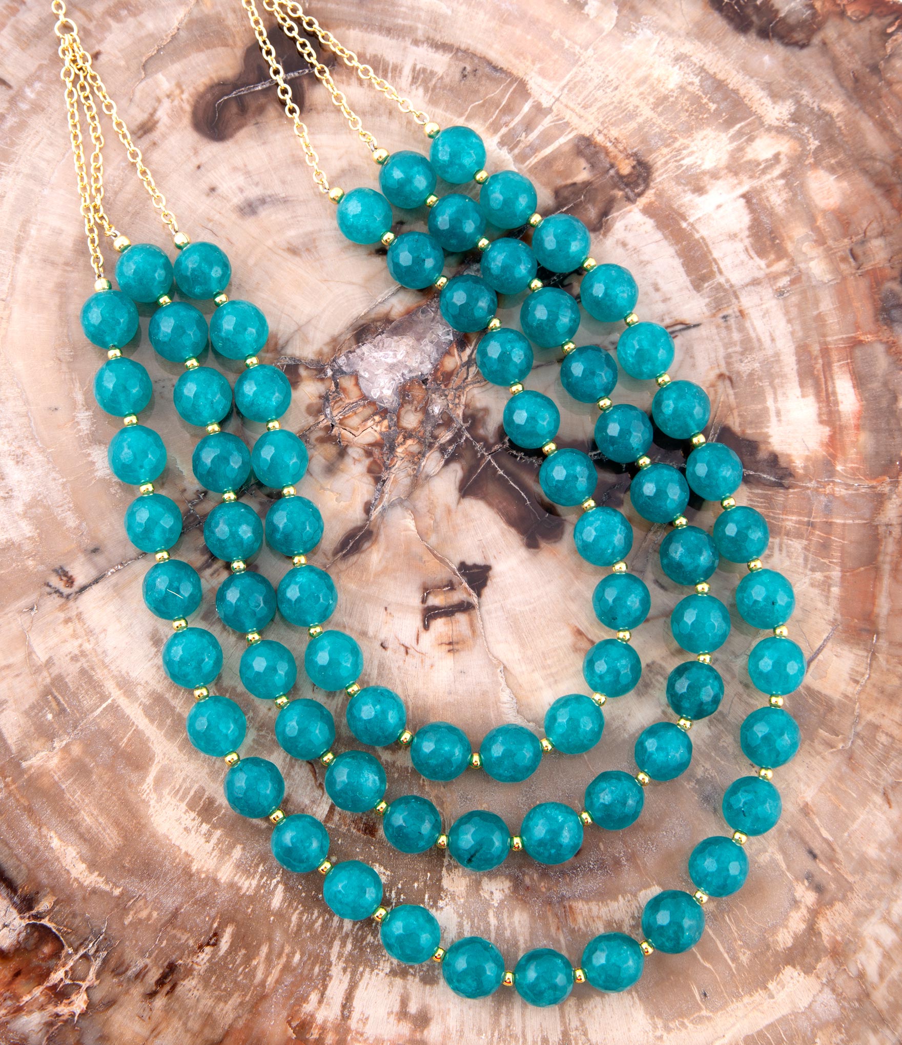 Argo Blue Teal Jade Triple Strand Golden Necklace