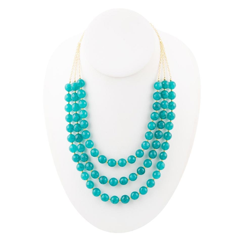 Argo Blue Teal Jade Triple Strand Golden Necklace