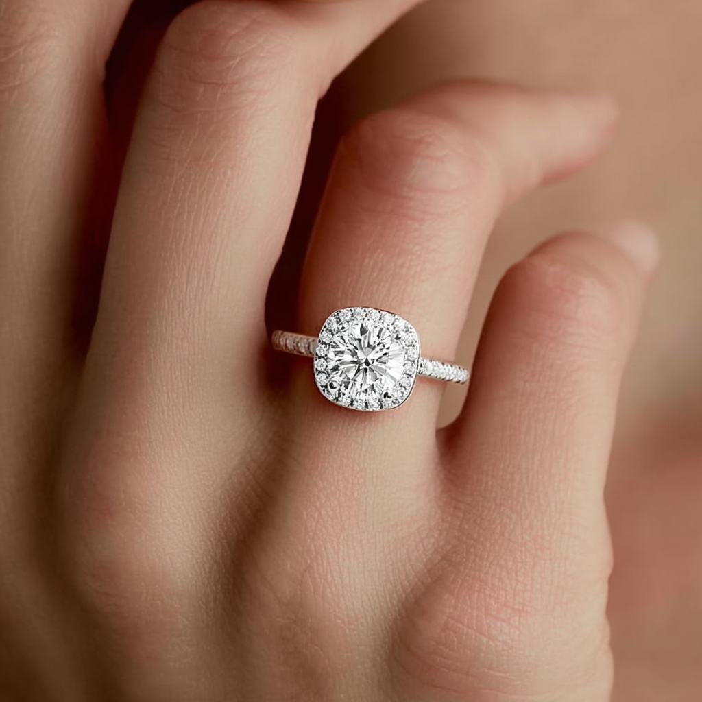 Aurora Moissanite Halo Ring in 925 Sterling Silver