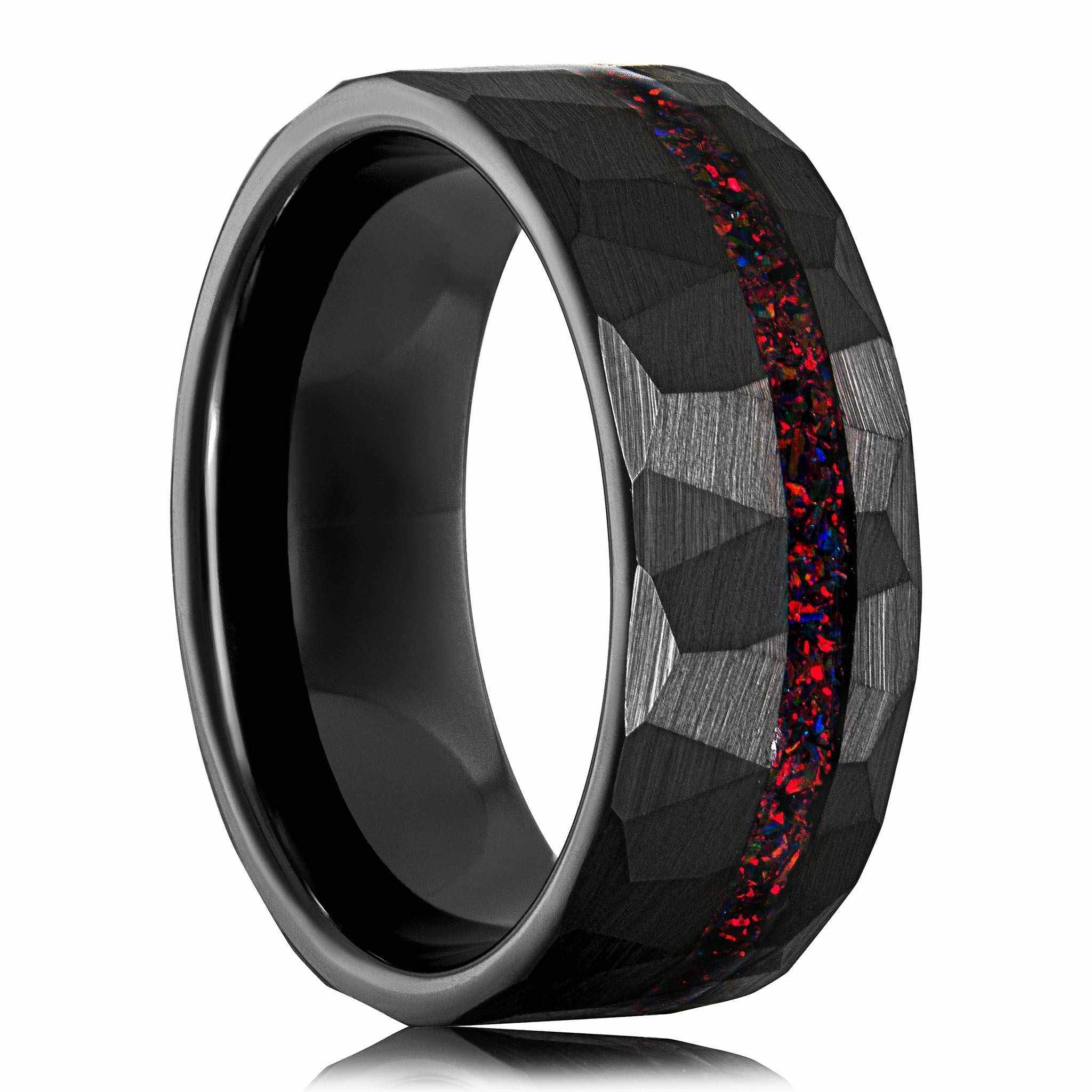 Black Hammered Tungsten Red Opal Wedding Ring