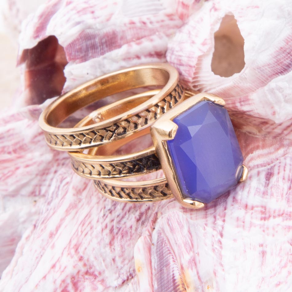 Blue Agate Stackable Golden Three Set Ring