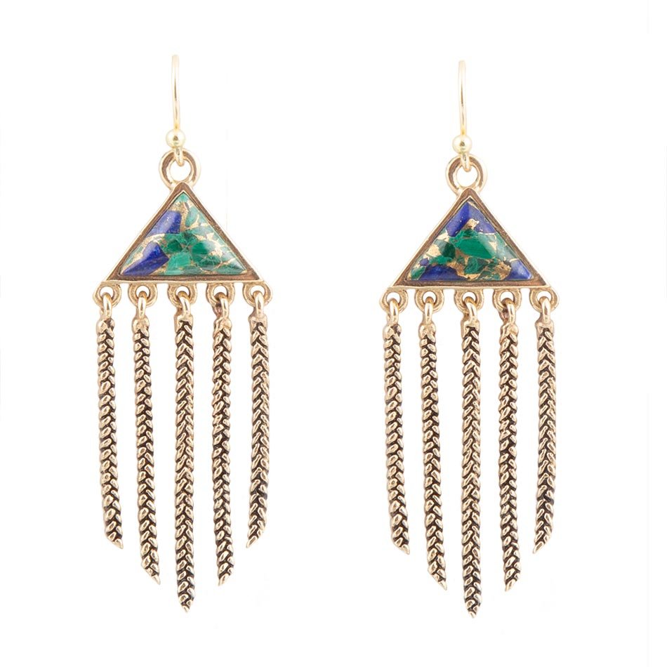 Blue Azurite Matrix Chandelier Golden Earrings