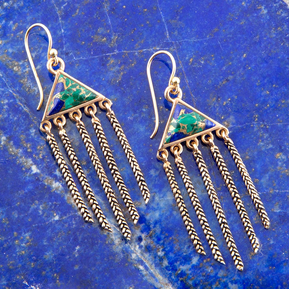 Blue Azurite Matrix Chandelier Golden Earrings
