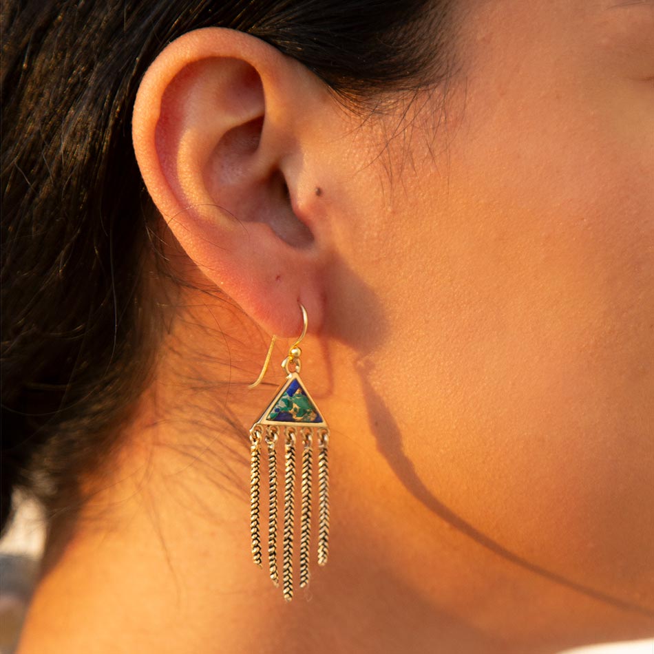 Blue Azurite Matrix Chandelier Golden Earrings